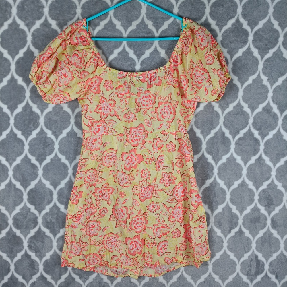 Billabong Wrangler Mini Dress Womens Large Yellow Pink Floral Puff Sleeve